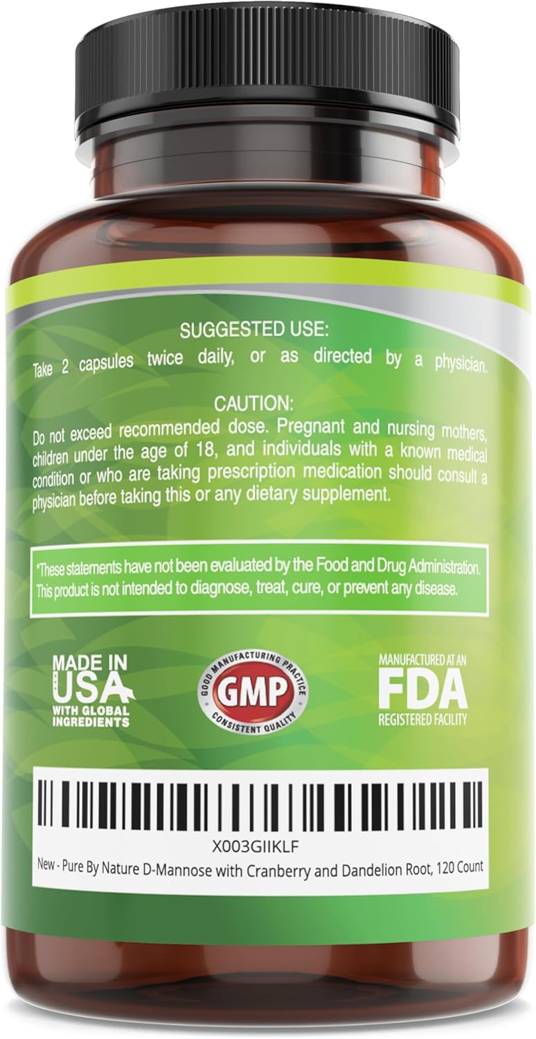 120 Count Pure By Nature D-Mannose Supplement with Cranberry and Dandelion Root for Urinary Health