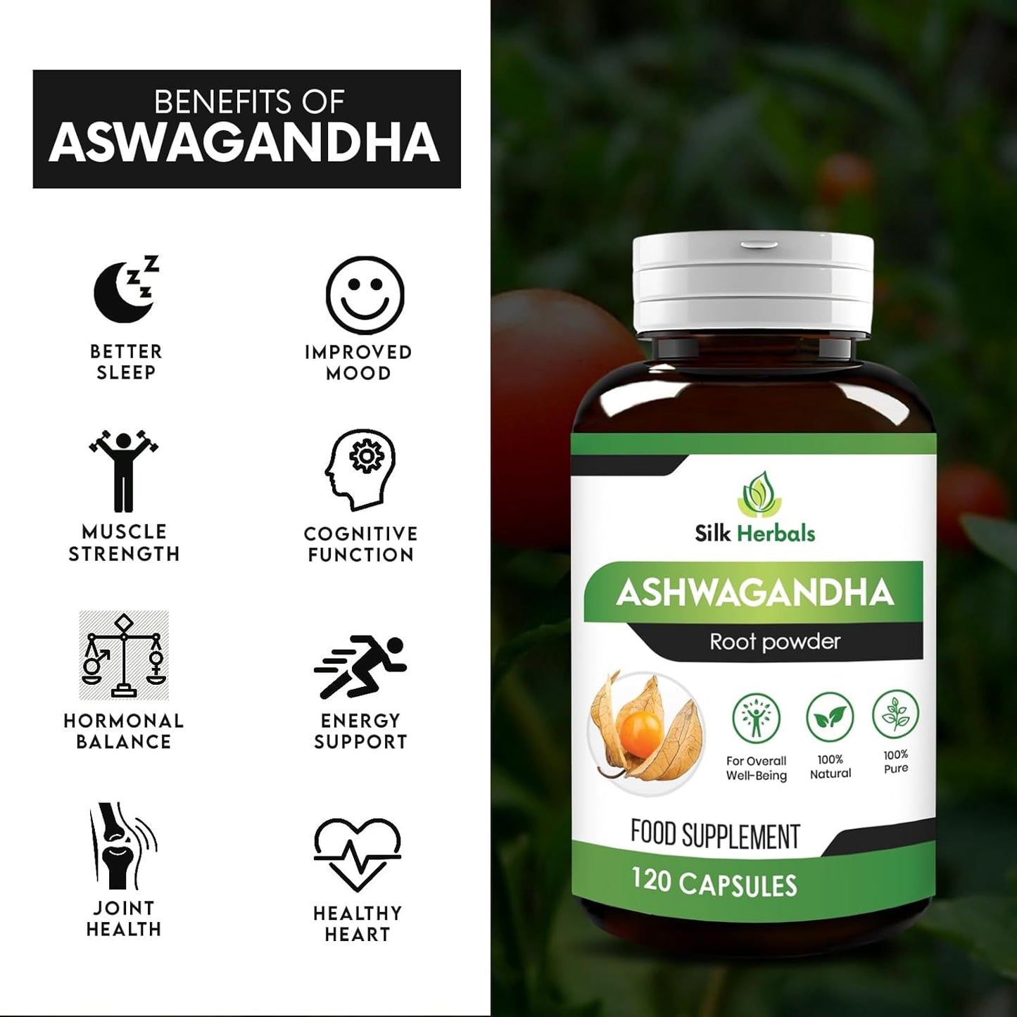 120 Count Silk Herbals Ashwagandha Capsules - Natural Root for Overall Well-Being