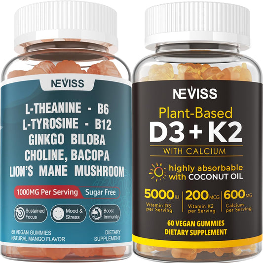 120 Count Sugar Free L-Tyrosine L-Theanine Gummies with D3 5000IU K2 Gummies for Focus and Immune Support