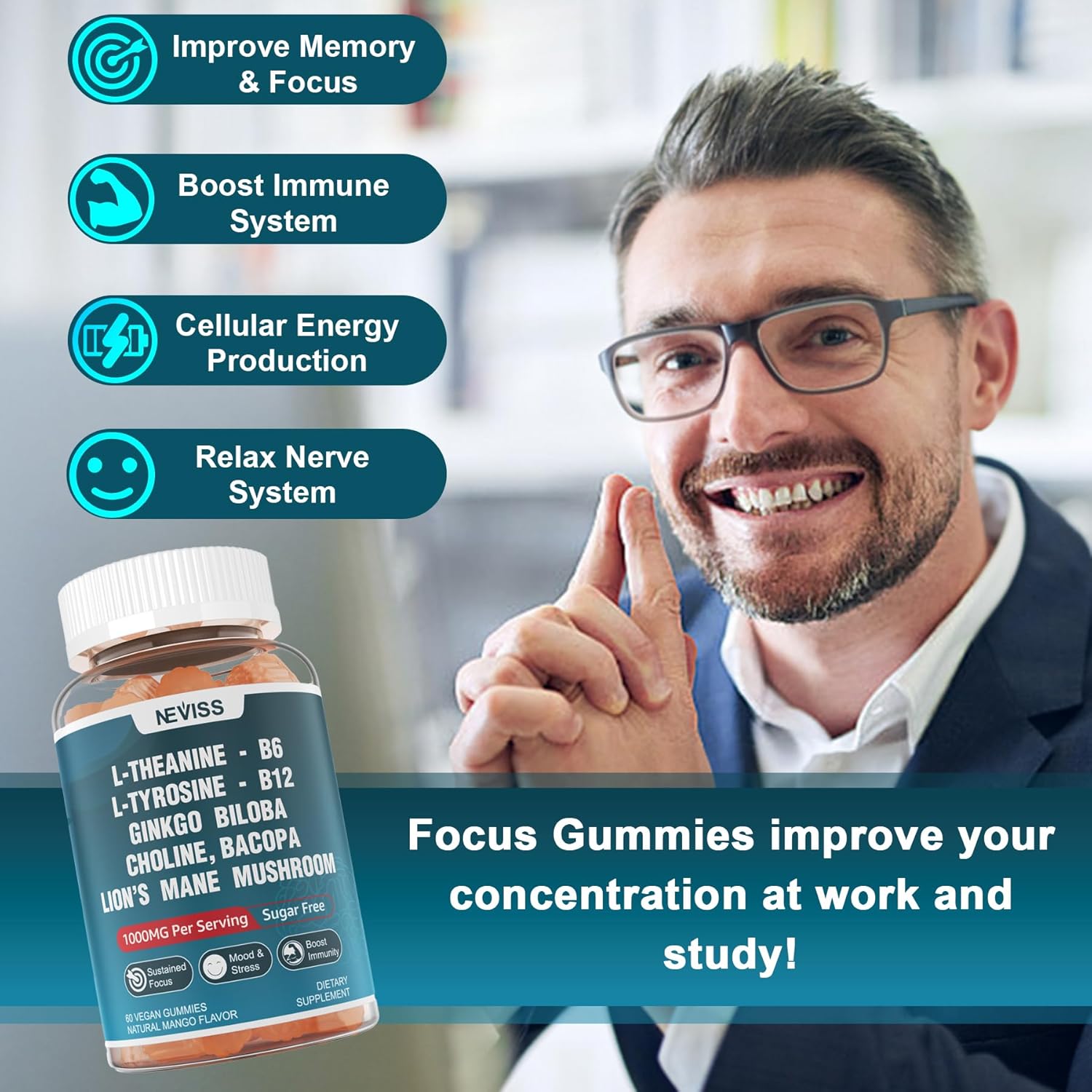 120 Count Sugar Free L-Tyrosine L-Theanine Gummies with D3 5000IU K2 Gummies for Focus and Immune Support