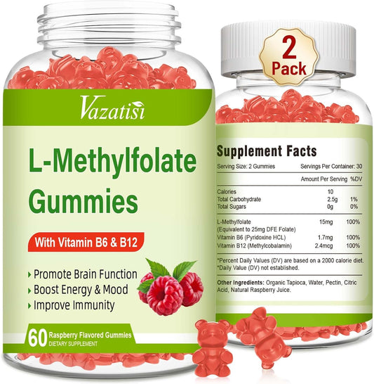 120 Count Vazatisi L-Methylfolate 15 mg Gummies with Methyl B12 - Raspberry Flavor for Mood, Brain Health, and Immune Support