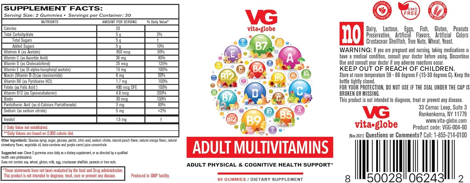 120 Count VITA GLOBE Adult Multivitamin Gummy with Essential Vitamins - Pack of 2