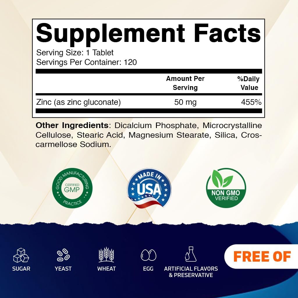 120 Count Vitamatic Zinc 50mg Tablets with Zinc Gluconate - Immune Support Supplement - 2 Pack of 240 Tablets