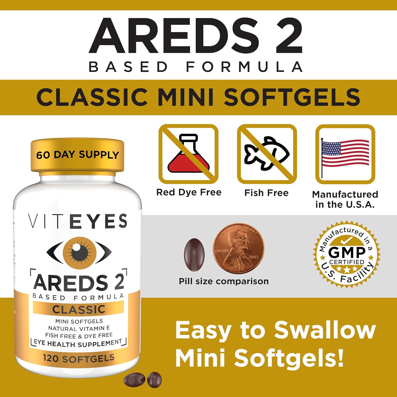 120 Count VITEYES Classic AREDS 2 Softgels for Eye Health & Vision Protection - Single Daily Dose Eye Vitamin, Non-Fish, Non-Dye