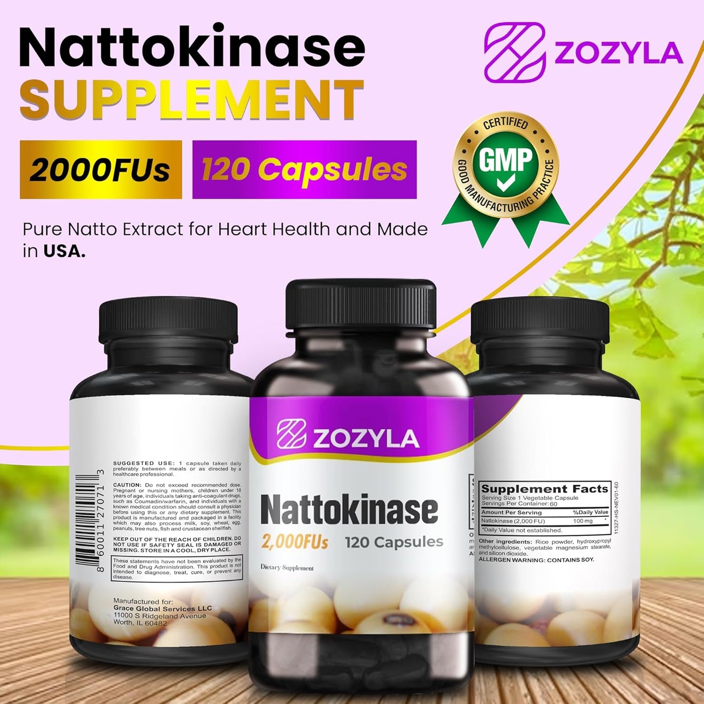 120 Count ZOZYLA Nattokinase Supplement with 2,000 FU - Promotes Healthy Blood Flow & Circulation - Non-GMO, Gluten Free, Vegan USA Made