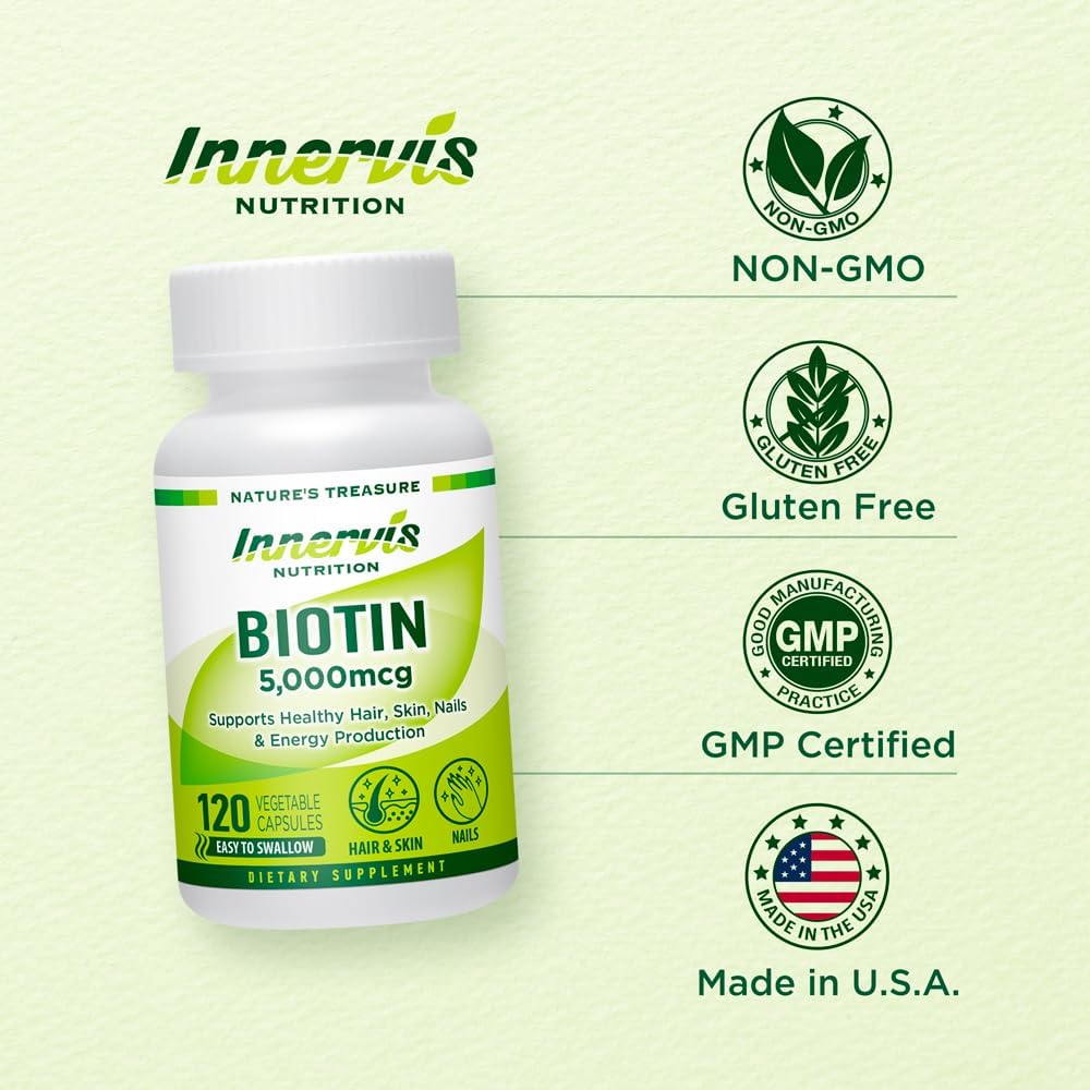 120-Day Supply of INNERVERSNUTRITION Biotin 5,000mcg Veggie Capsules for Hair, Skin & Nails - Easy-to-Swallow, Non-GMO - Made in USA - BoostGo Australia