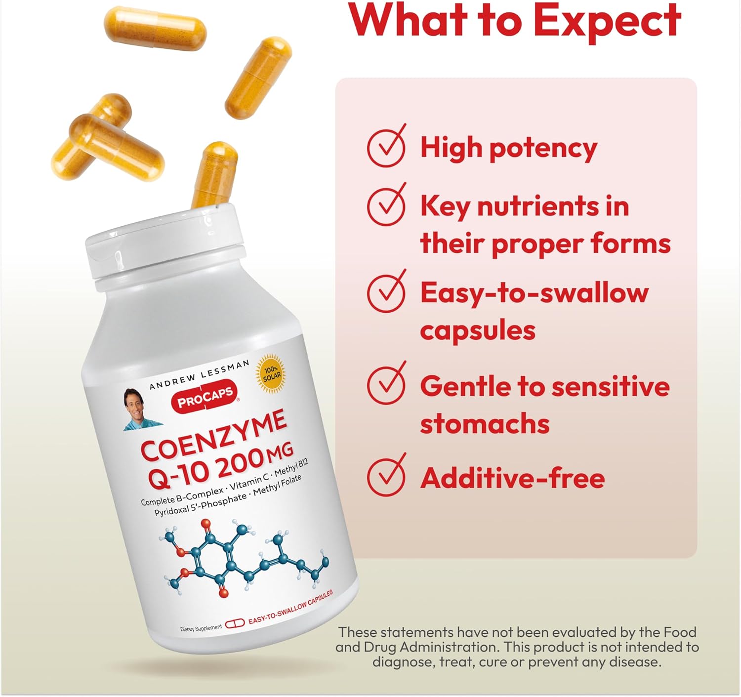 120 Easy-to-Swallow Coenzyme Q-10 200 mg Capsules with B-Complex for Energy and Organ Function, Antioxidant Support, Aging Depletion Replenishment