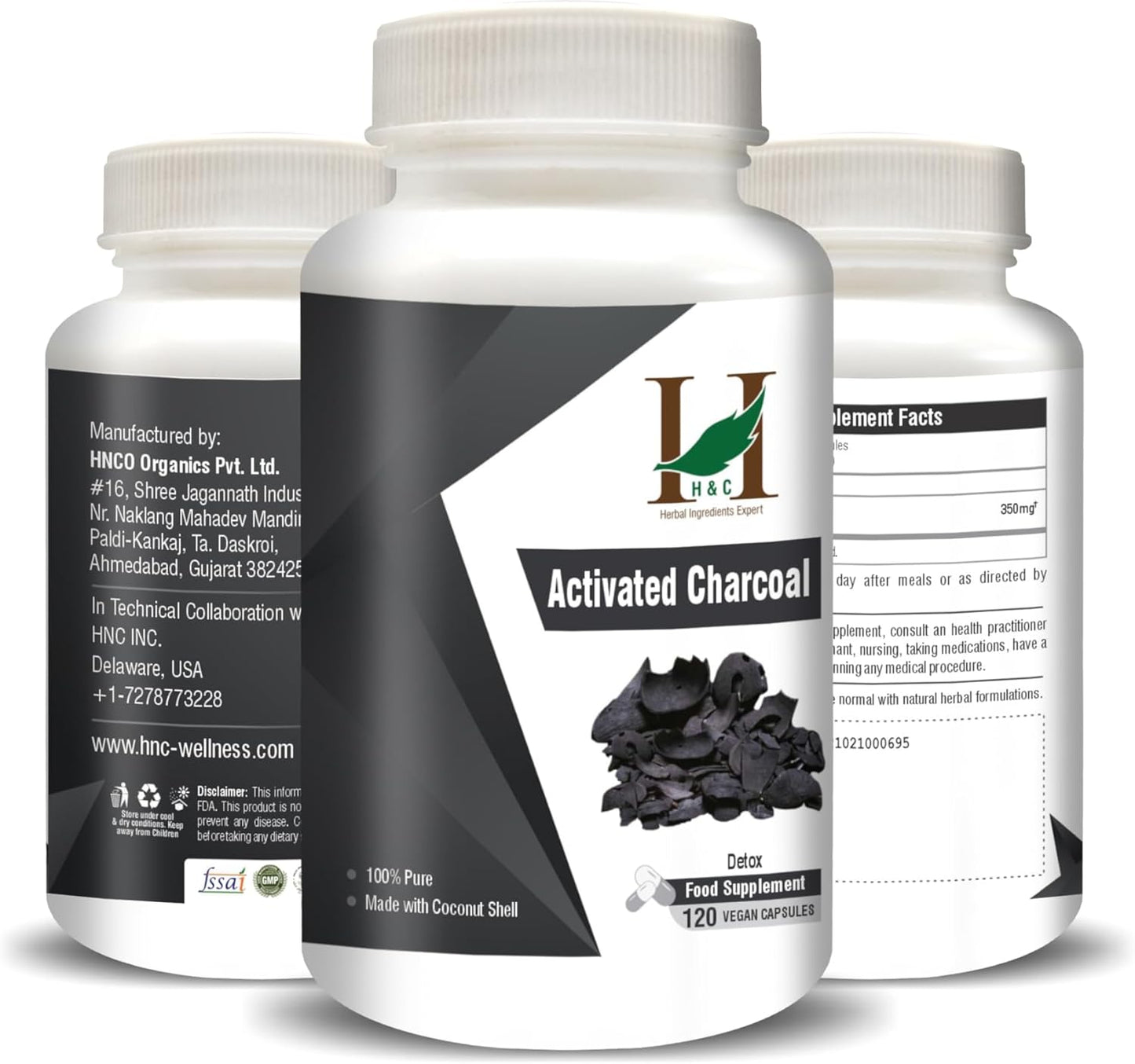 120 H&C Activated Charcoal Capsules 350mg - Coconut Shell Charcoal Detox Supplement