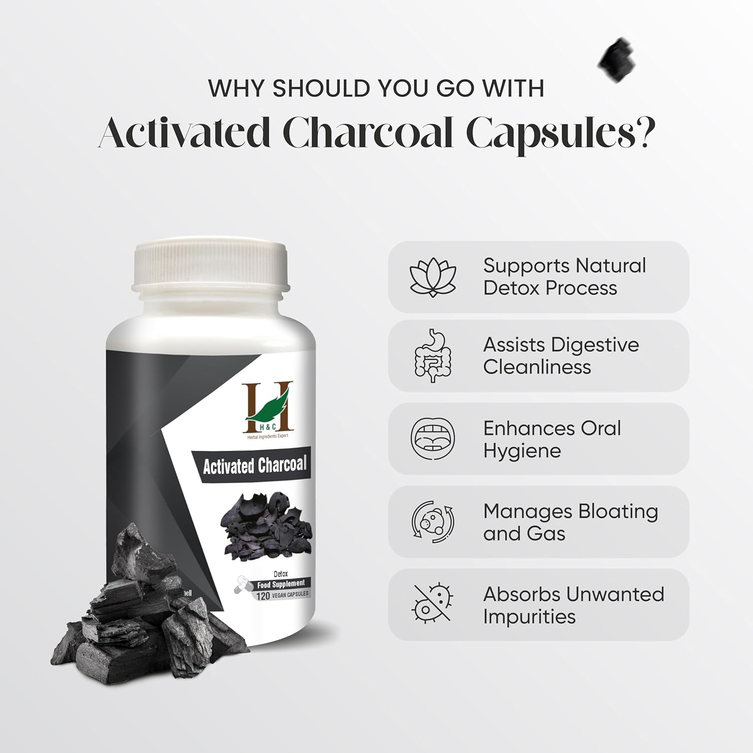 120 H&C Activated Charcoal Capsules 350mg - Coconut Shell Charcoal Detox Supplement