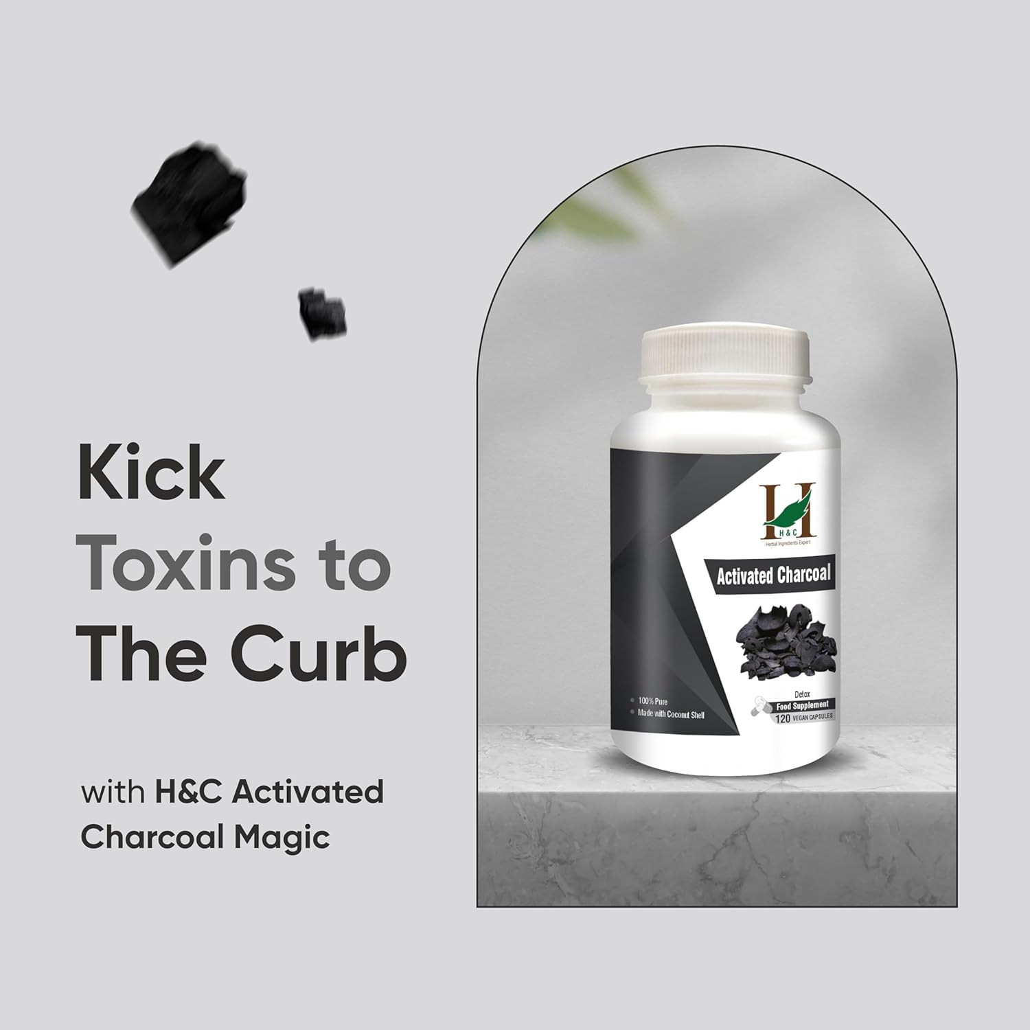 120 H&C Activated Charcoal Capsules 350mg - Coconut Shell Charcoal Detox Supplement