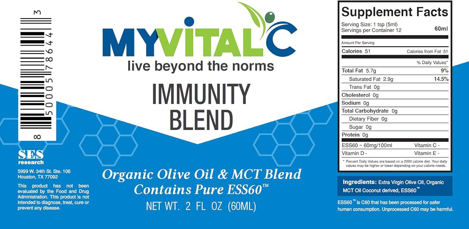 120 ML MyVitalC Immunity Blend: Organic Extra Virgin Olive Oil & MCT Supplement with ESS60 for Nootropic, Focus, Sleep, Antioxidant, Energy, Longevity & Immunity