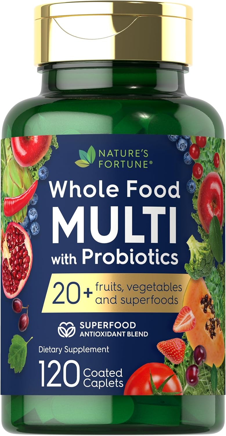 120 Nature's Fortune Whole Food Multivitamin Coated Caplets with Probiotics - Non-GMO & Gluten Free