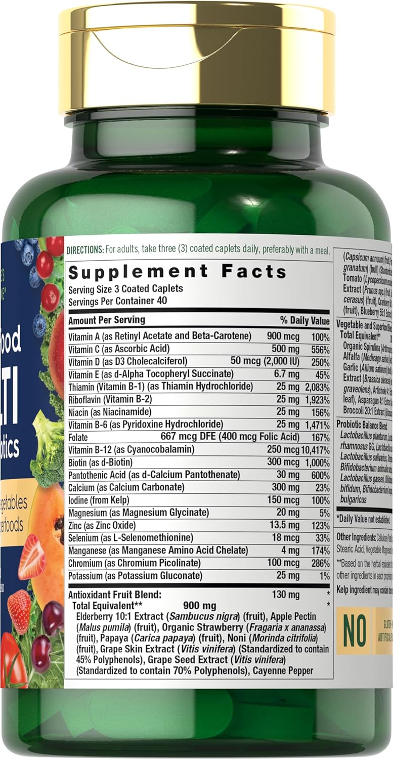 120 Nature's Fortune Whole Food Multivitamin Coated Caplets with Probiotics - Non-GMO & Gluten Free