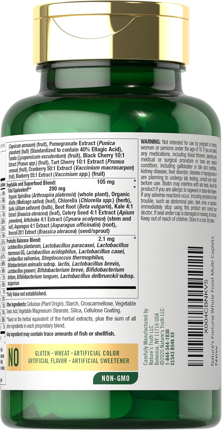120 Nature's Fortune Whole Food Multivitamin Coated Caplets with Probiotics - Non-GMO & Gluten Free
