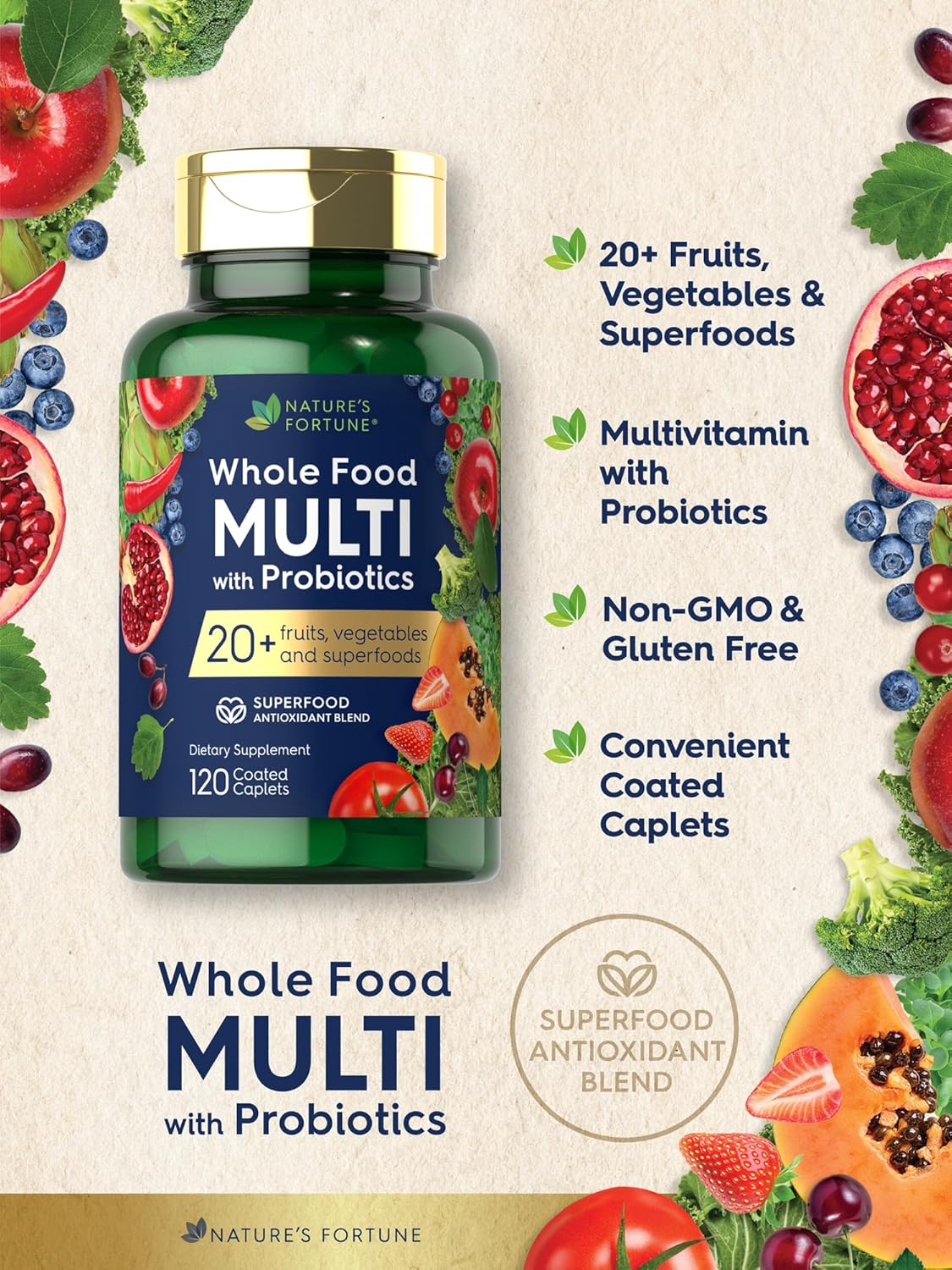 120 Nature's Fortune Whole Food Multivitamin Coated Caplets with Probiotics - Non-GMO & Gluten Free