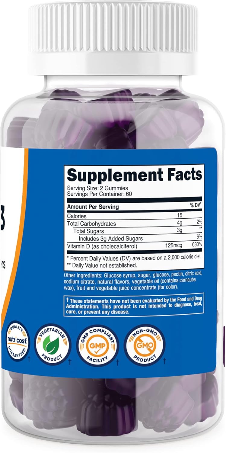 120 Nutricost Vitamin D3 Gummies 5,000 IU - Mixed Berry Flavor, 60 Servings, 125mcg per Gummy