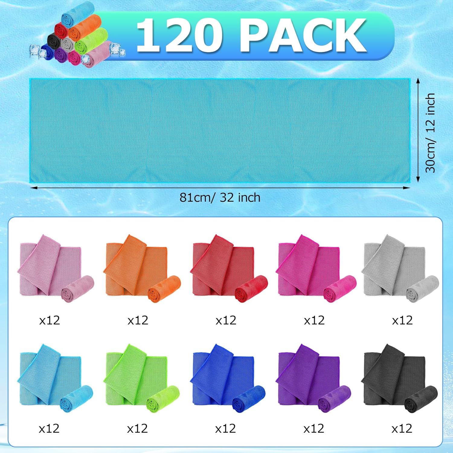 120 Pack Menoly Cooling Towels for Neck - 32"x12" Ice Towels for Sports, Gym, Yoga, Camping, Running - Soft Microfiber Chilly Towel for Fitness & More
