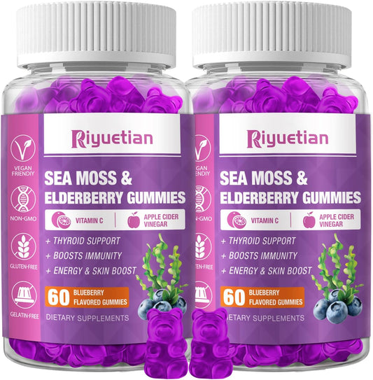 120 Sea Moss Gummies with Elderberry, Vitamin C, and Zinc for Immune and Thyroid Support - Natural Gummy Bears for Kids and Adults