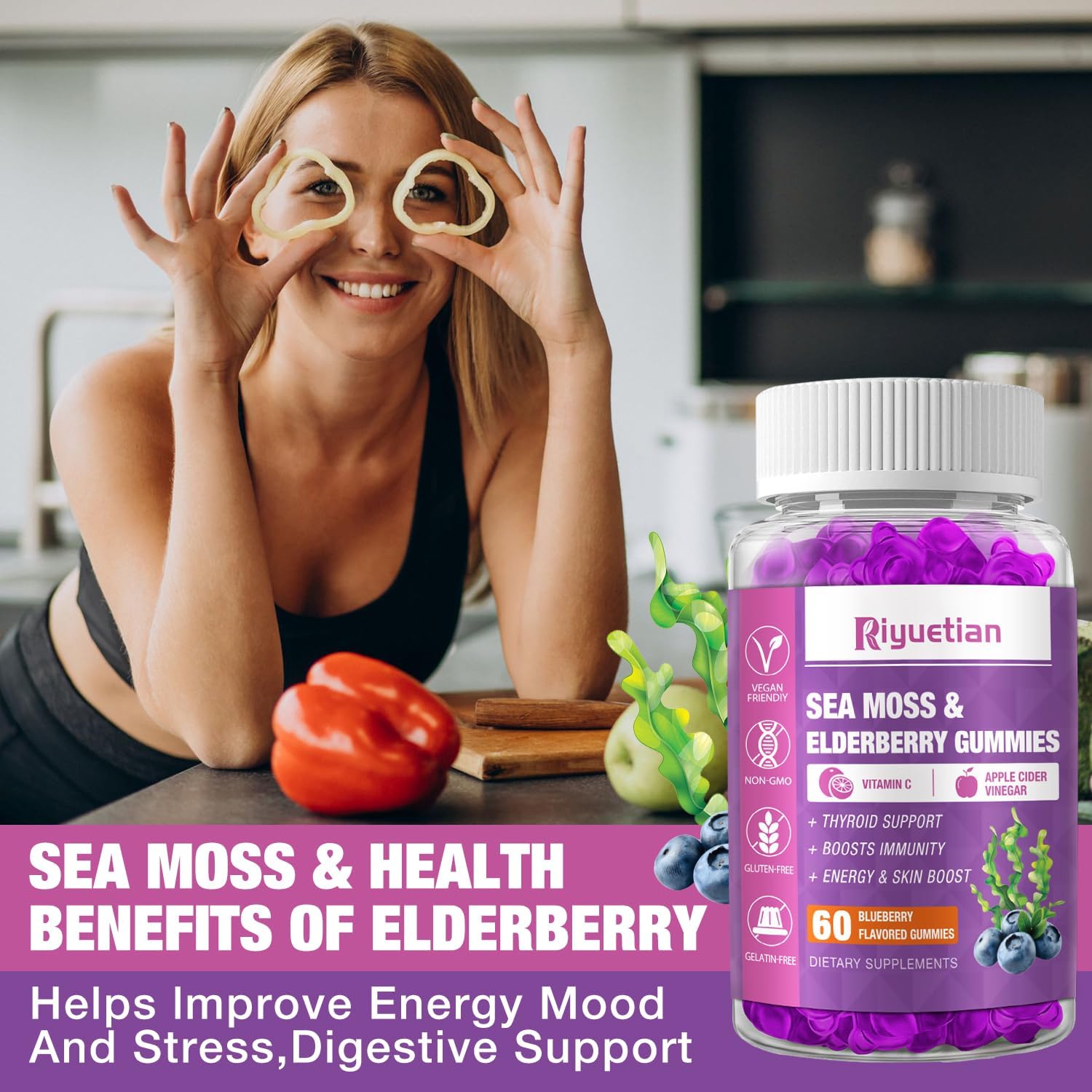 120 Sea Moss Gummies with Elderberry, Vitamin C, and Zinc for Immune and Thyroid Support - Natural Gummy Bears for Kids and Adults