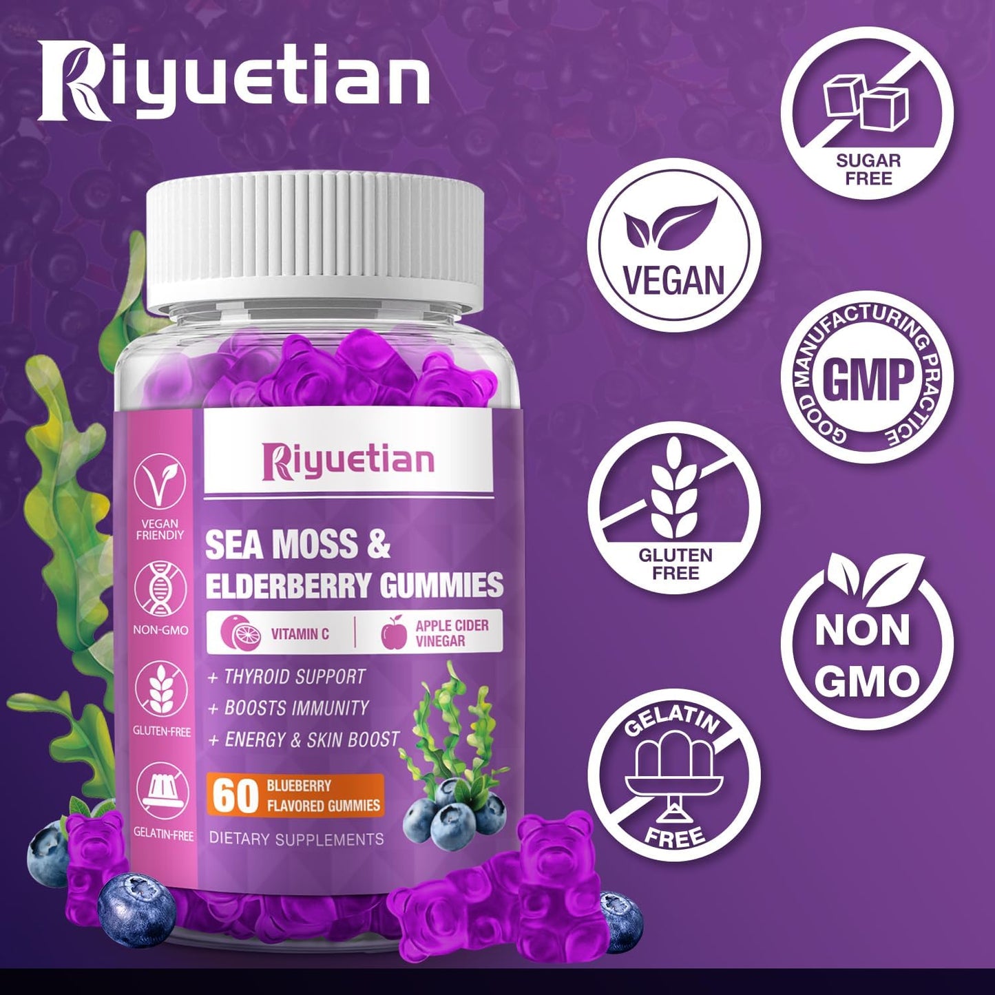 120 Sea Moss Gummies with Elderberry, Vitamin C, and Zinc for Immune and Thyroid Support - Natural Gummy Bears for Kids and Adults