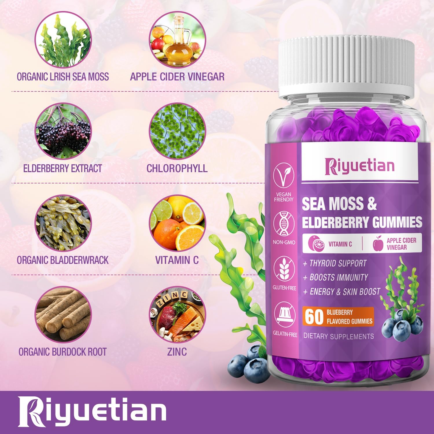 120 Sea Moss Gummies with Elderberry, Vitamin C, and Zinc for Immune and Thyroid Support - Natural Gummy Bears for Kids and Adults