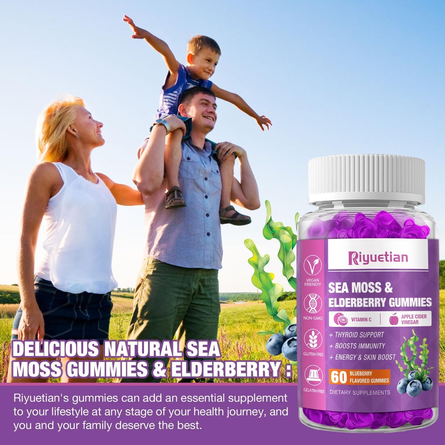 120 Sea Moss Gummies with Elderberry, Vitamin C, and Zinc for Immune and Thyroid Support - Natural Gummy Bears for Kids and Adults