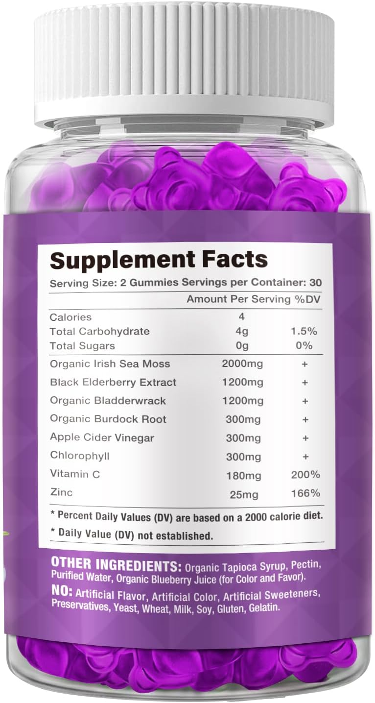 120 Sea Moss Gummies with Elderberry, Vitamin C, and Zinc for Immune and Thyroid Support - Natural Gummy Bears for Kids and Adults