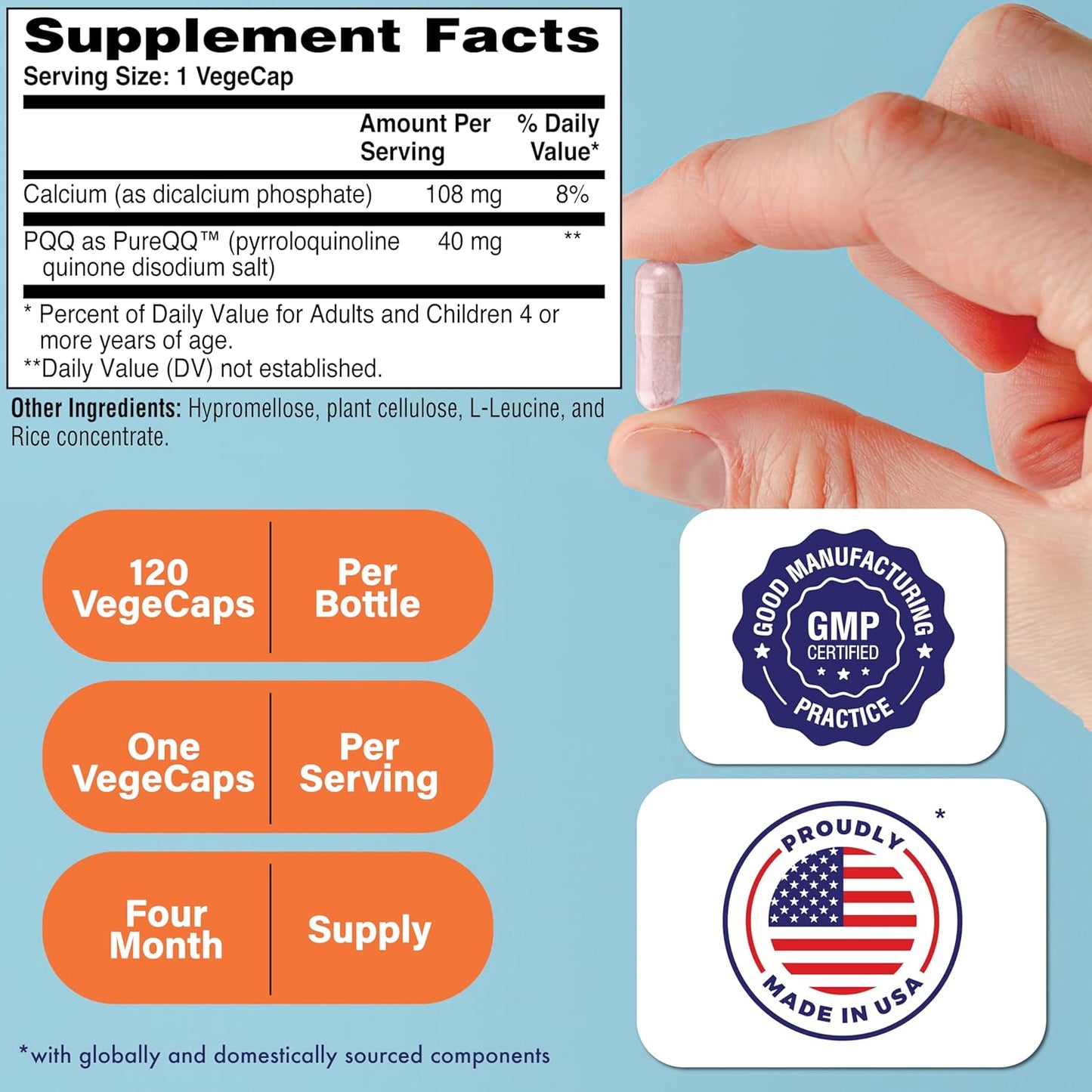 120 Servings Health Thru Nutrition PQQ 40mg Capsules | PureQQ for Mitochondrial Biogenesis | Vegan Non-GMO Gluten Soy Free Supplement