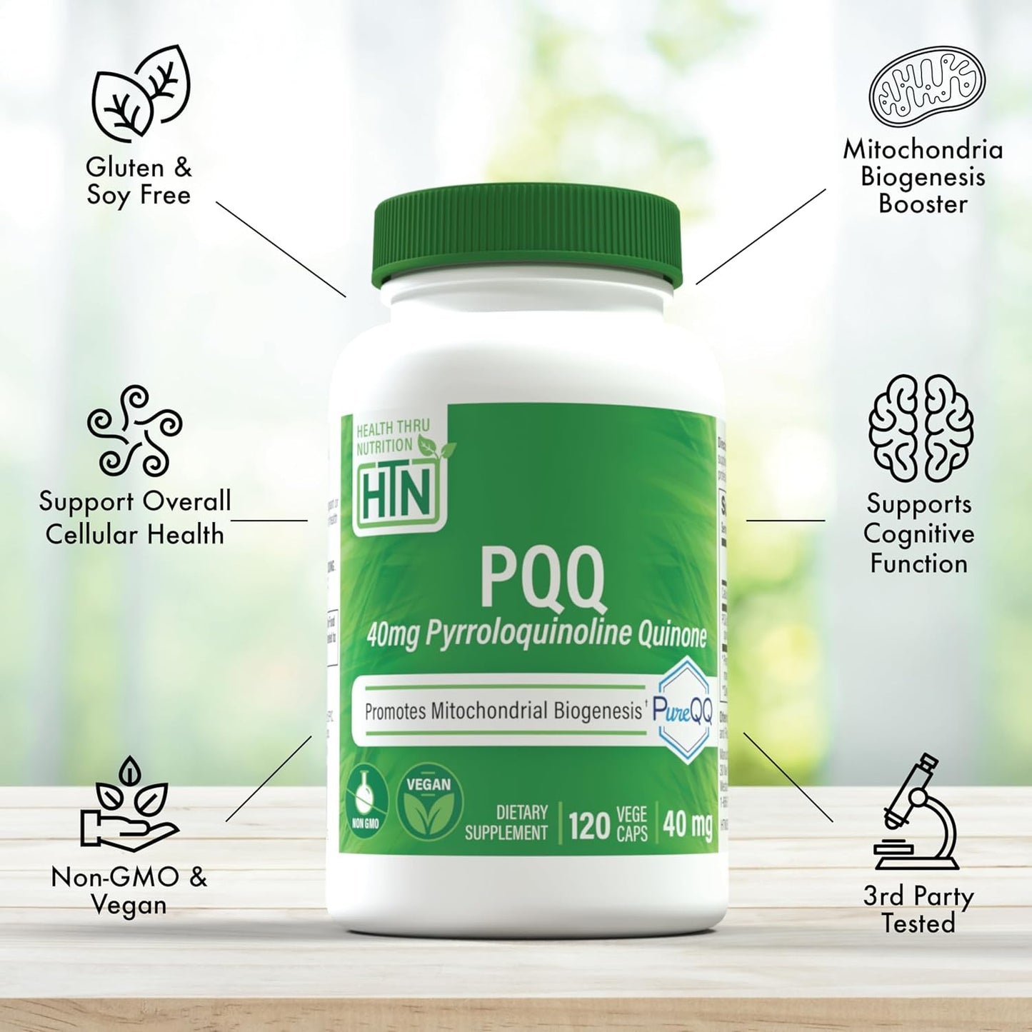 120 Servings Health Thru Nutrition PQQ 40mg Capsules | PureQQ for Mitochondrial Biogenesis | Vegan Non-GMO Gluten Soy Free Supplement