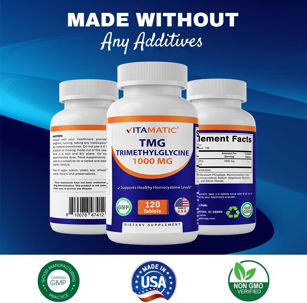 120 Servings of Vitamatic TMG Supplements 1000mg - Betaine Anhydrous Tablets - Non-GMO & Gluten Free - 2 Bottles - BoostGo Australia