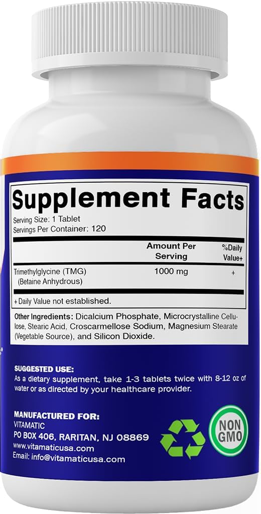 120 Servings of Vitamatic TMG Supplements 1000mg - Betaine Anhydrous Tablets - Non-GMO & Gluten Free - 2 Bottles - BoostGo Australia