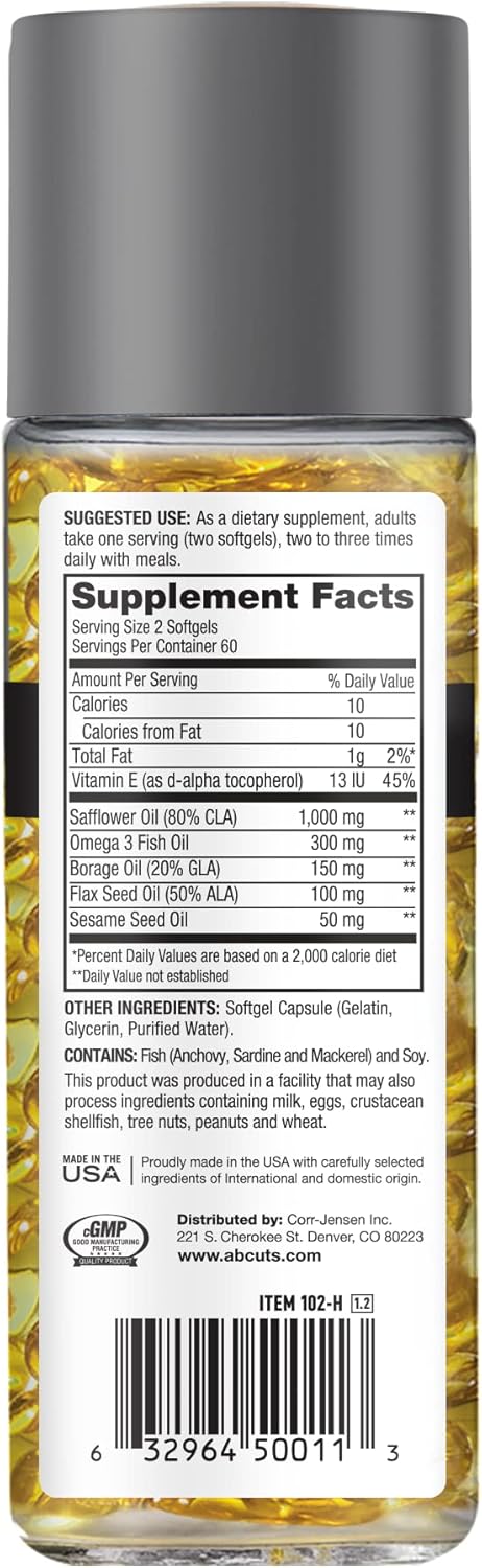 120 Softgel AbCuts CLA Belly Fat Formula with Omega 3 Fish Oil, Flaxseed Oil, and Vitamin E - Boosts Antioxidants & Promotes Healthy Body Composition