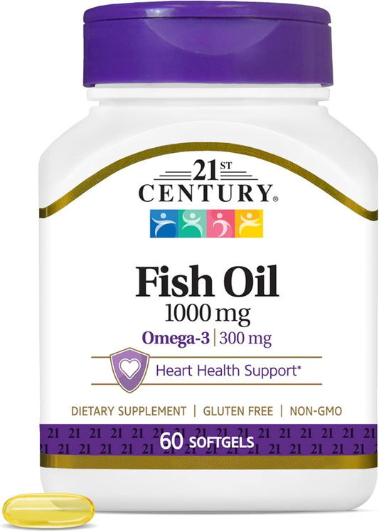 120 Softgels of 21st Century Fish Oil 1000 Mg (2-Pack) for Heart Health and Omega-3 Support