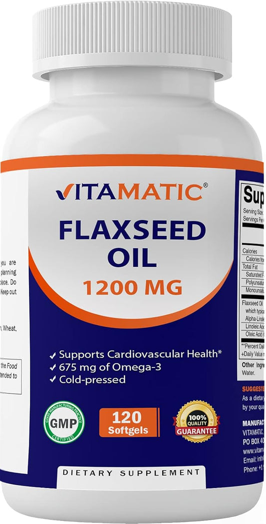 120 Softgels of Vitamatic Cold Pressed Flaxseed Oil 1200mg - Rich in 675mg of ALA Omega-3 Fatty Acids for Heart Health