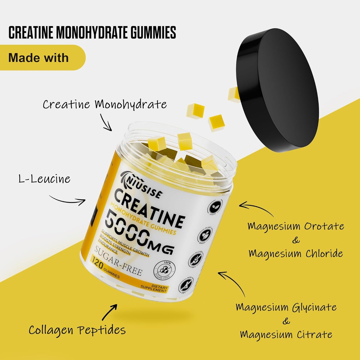 120 Sugar-Free Creatine Monohydrate Gummies with Magnesium Complex and L-Threonate for Energy Support - 1 Pack