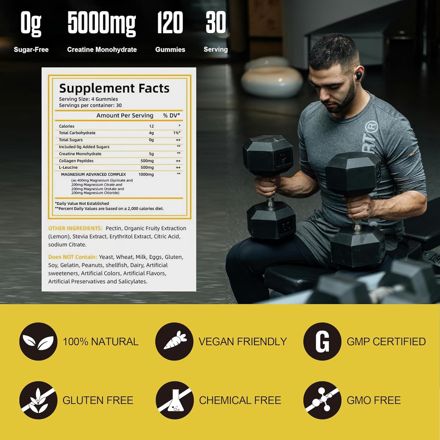 120 Sugar-Free Creatine Monohydrate Gummies with Magnesium Complex and L-Threonate for Energy Support - 1 Pack