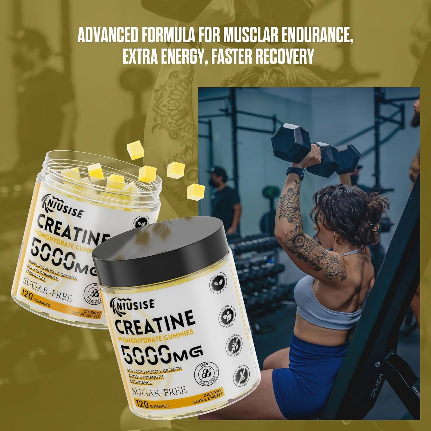 120 Sugar-Free Creatine Monohydrate Gummies with Magnesium Complex and L-Threonate for Energy Support - 1 Pack