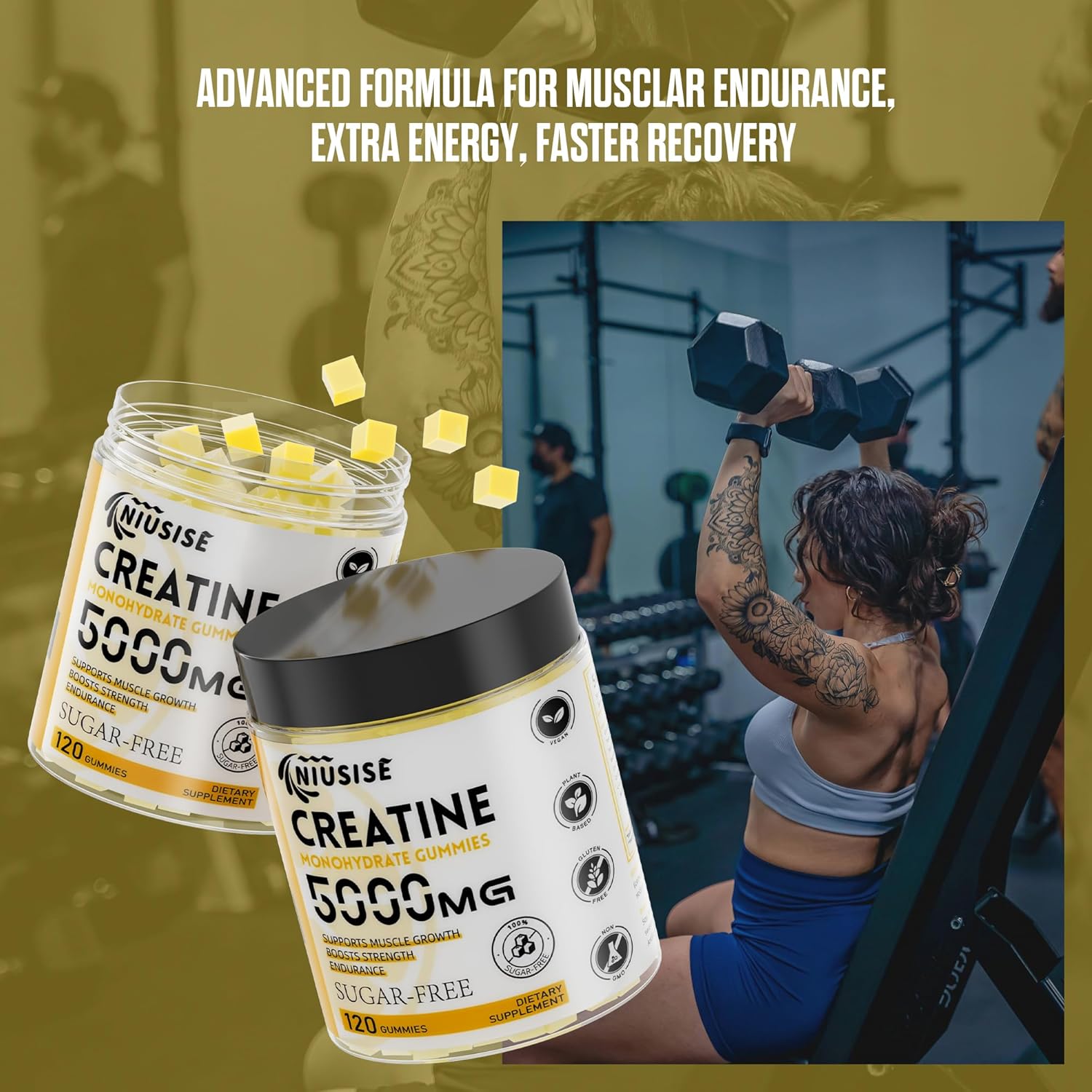 120 Sugar-Free Creatine Monohydrate Gummies with Magnesium Complex and L-Threonate for Energy Support - 1 Pack