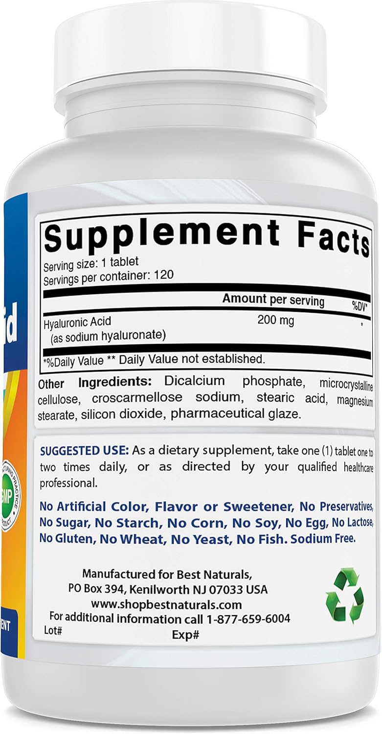 120 Tablets Best Naturals Hyaluronic Acid 200 mg - Non-GMO, Gluten Free for Youthful Skin & Joint Health
