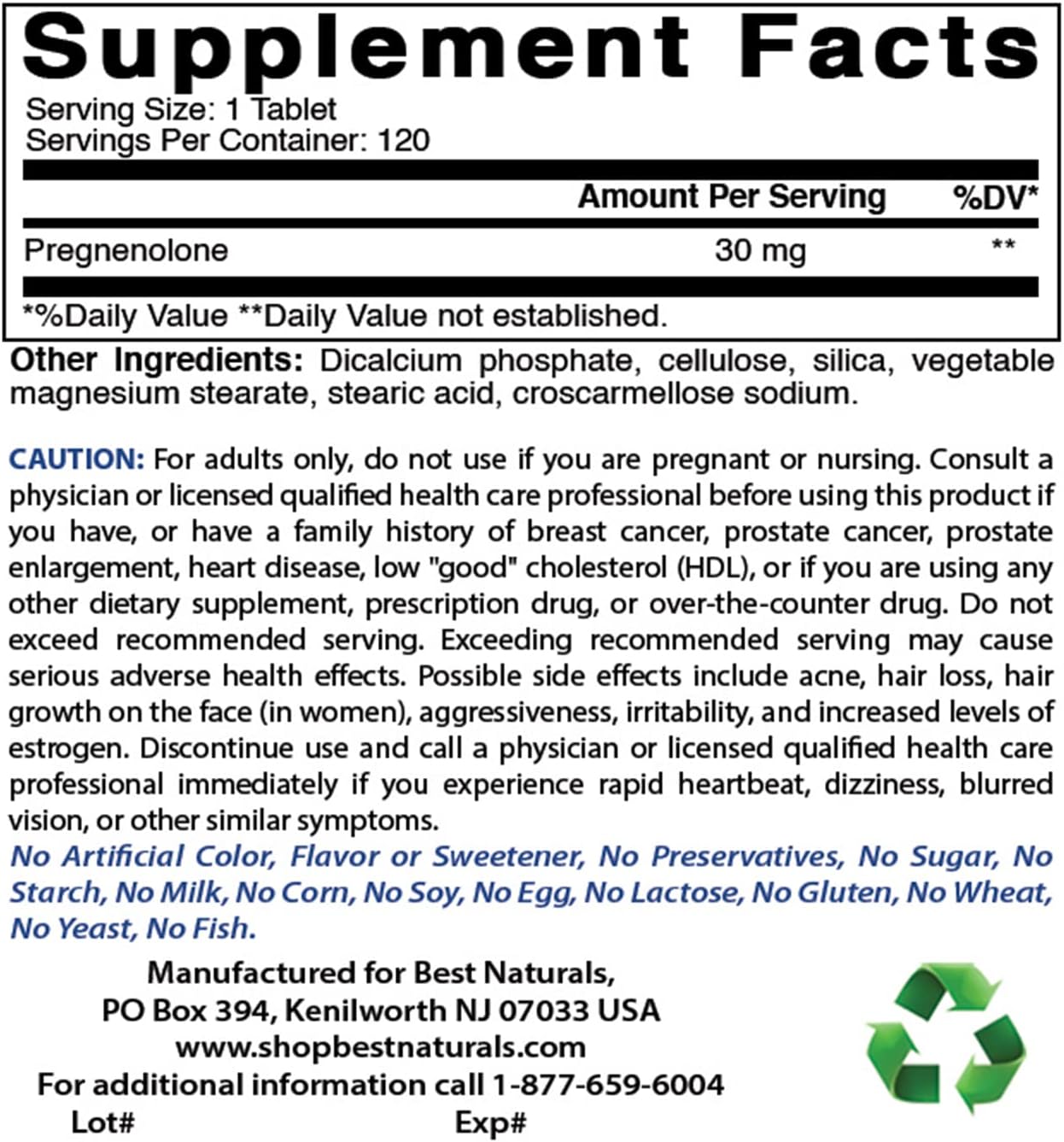 120 Tablets of Best Naturals Pregnenolone 30 mg - Pack of 2