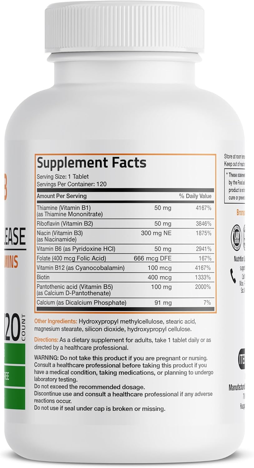 120 Tablets of Bronson Super B Vitamin B Complex with Sustained Slow Release - Contains Vitamin B1, B2, B3, B6, B9, B12 - All B Vitamins Included