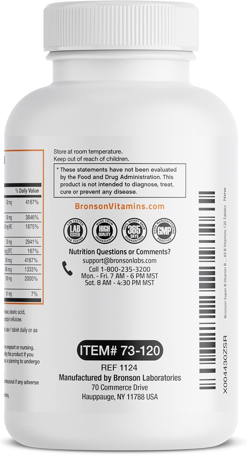 120 Tablets of Bronson Super B Vitamin B Complex with Sustained Slow Release - Contains Vitamin B1, B2, B3, B6, B9, B12 - All B Vitamins Included