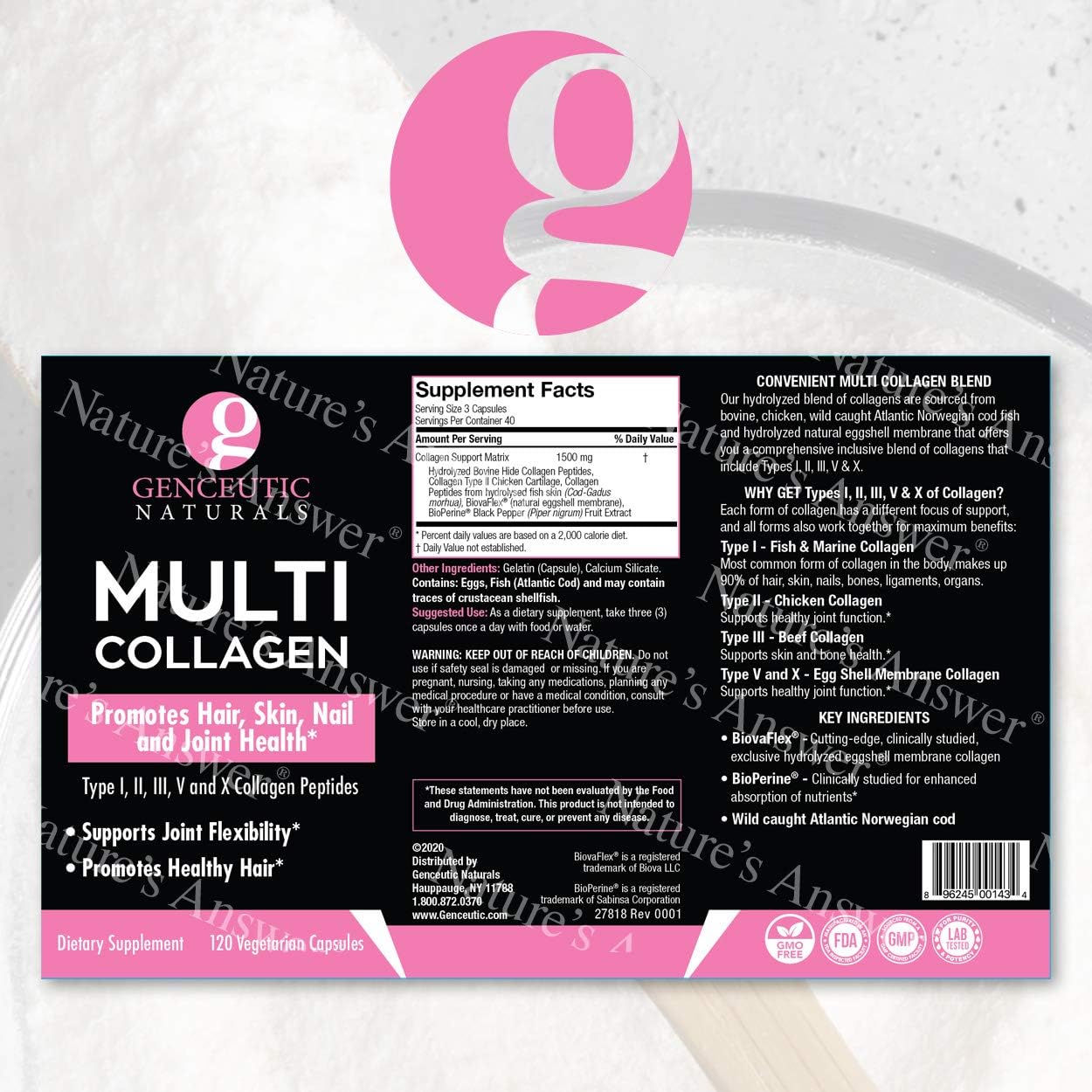 120 Veg Caps Genceutic Naturals Multi Collagen Capsules for Healthy Hair, Skin & Nails - Types I, II, III, V & X - 1500mg Non-GMO, Pasture-Raised, Cage-Free, Cruelty-Free