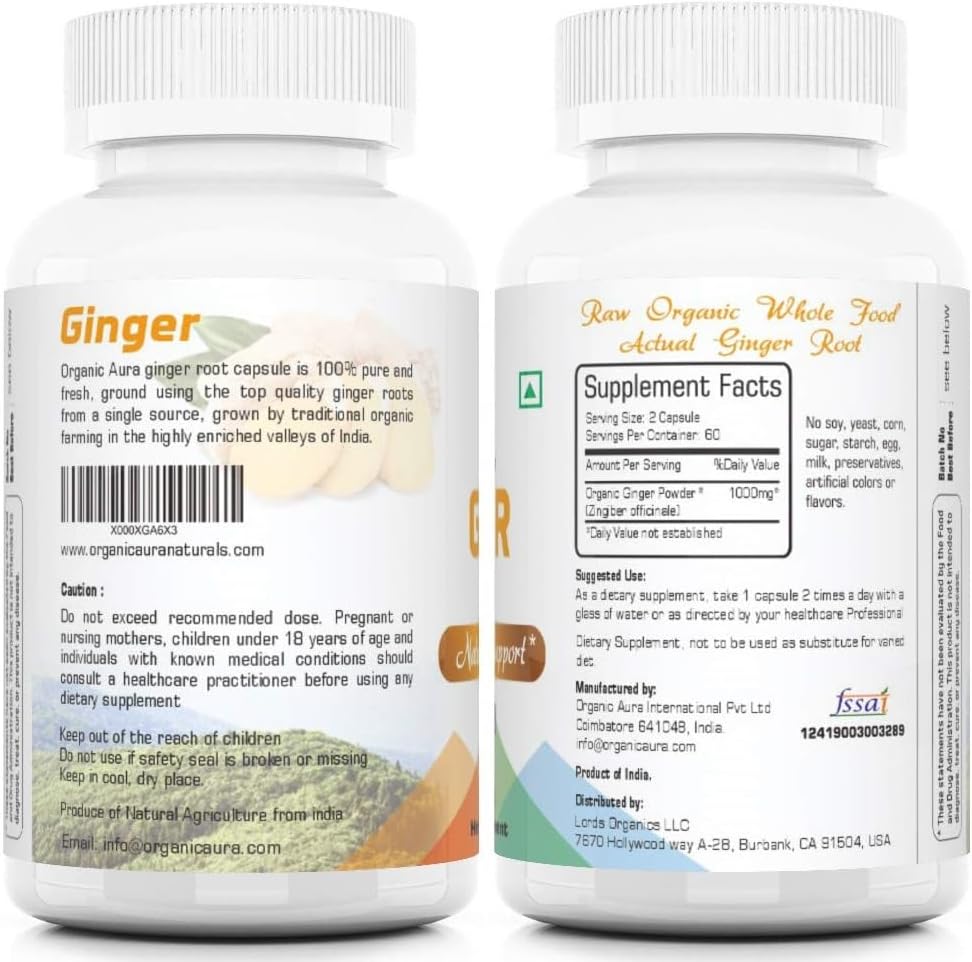 120 Veg Capsules of Organic Aura Ginger - Digestion Boost & Immunity Support. GMO-Free & Gluten-Free.