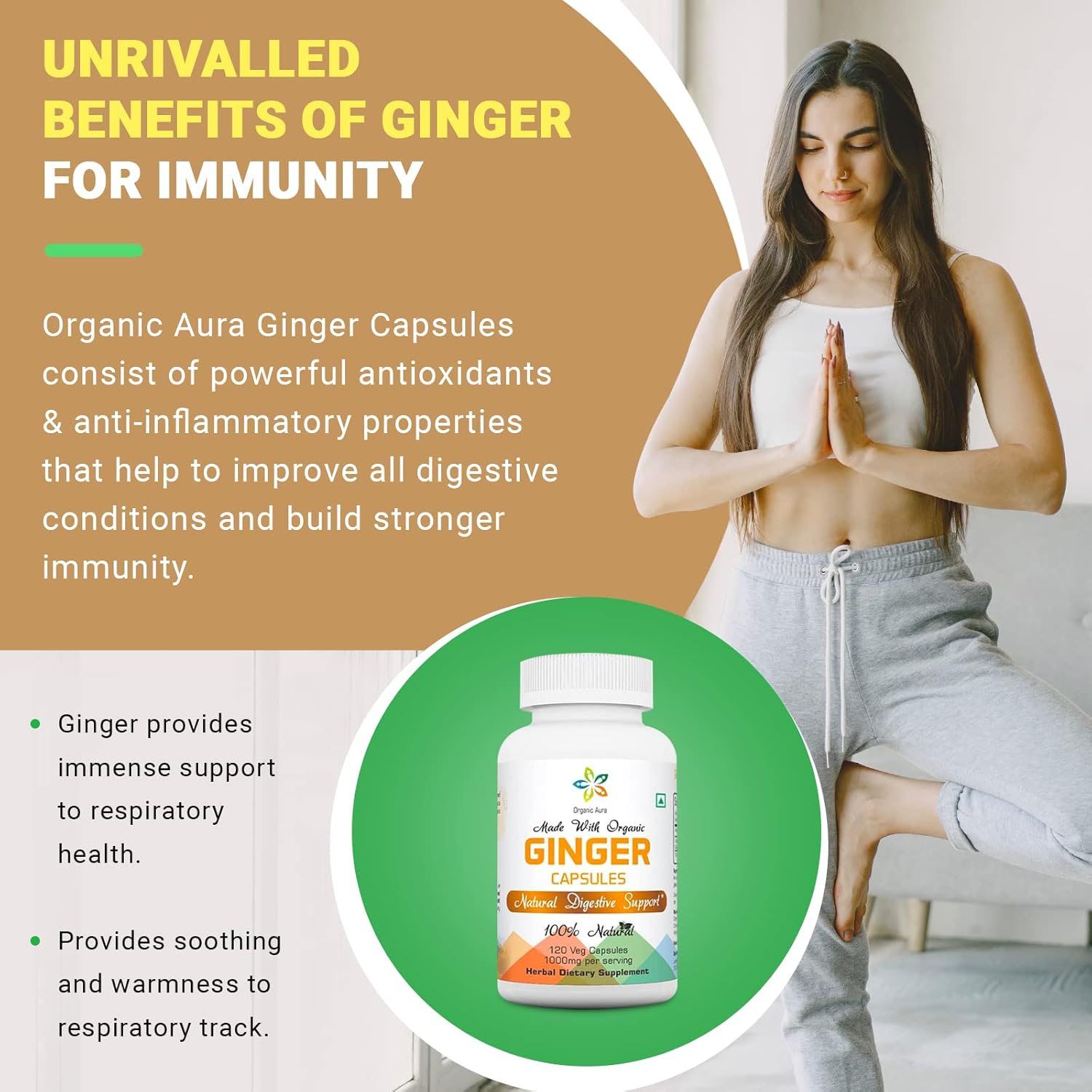 120 Veg Capsules of Organic Aura Ginger - Digestion Boost & Immunity Support. GMO-Free & Gluten-Free.