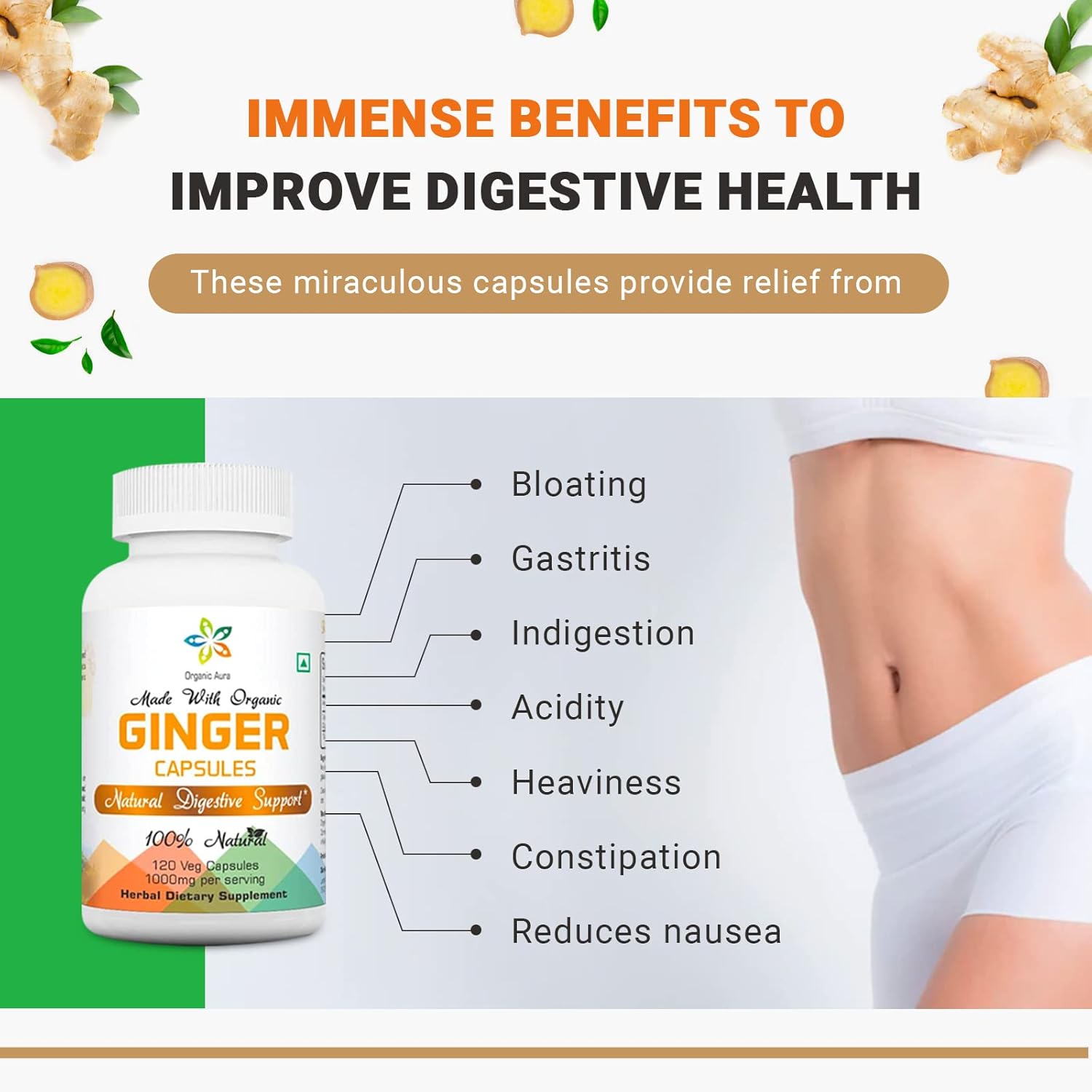 120 Veg Capsules of Organic Aura Ginger - Digestion Boost & Immunity Support. GMO-Free & Gluten-Free.