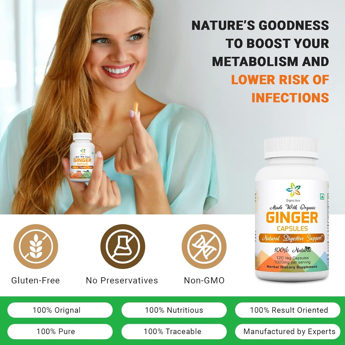 120 Veg Capsules of Organic Aura Ginger - Digestion Boost & Immunity Support. GMO-Free & Gluten-Free.