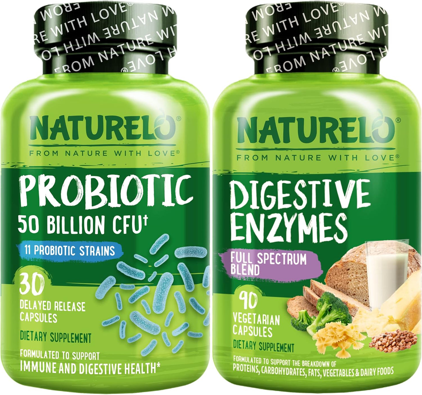 120 Vegan Capsules Bundle: NATURELO Probiotic & Digestive Enzymes Support Supplement