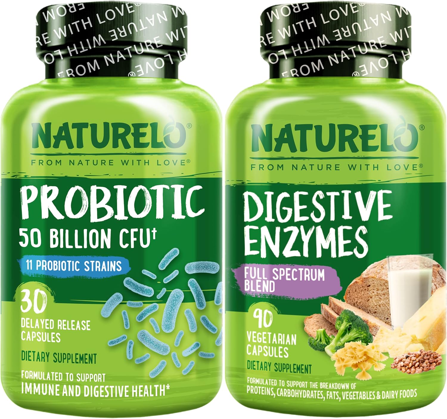 120 Vegan Capsules Bundle: NATURELO Probiotic & Digestive Enzymes Support Supplement