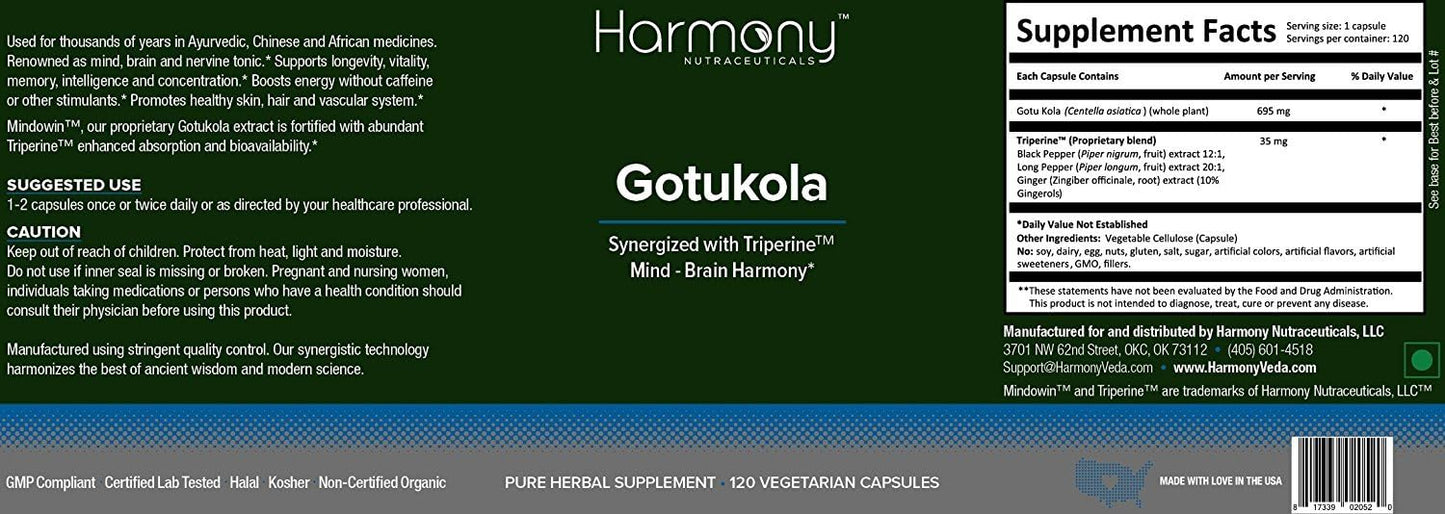 120 Vegan Capsules of Dr. Gumman's Clinical Grade Gotu Kola with Maximum Potency and Highest Bioactivity by Harmony Nutraceuticals
